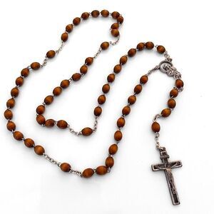 Wooden Bead Silver Chain Rosary Italy